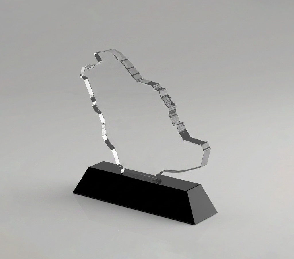 SAUDI MAP CRYSTAL in the Shape of the Saudi Arabia Map, made in high-quality clear crystal on sleek black base. An elegant piece ideal for awards, official recognition, and national occasions, with branding options available.