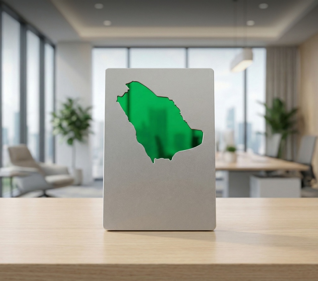 A metallic certificate with iconic Saudi Map frame attached. ideal for awards, official recognition, and national occasions, with customization options available.