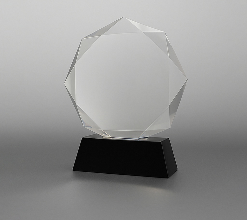 A uniquely shaped Nonaglow crystal piece resting on a soft-edged black base, Obsidian Crest blends balance with boldness. Its refined geometry and smooth contours evoke modern architectural elegance, while the deep onyx base adds a commanding presence. A perfect choice for recognition or refined display.