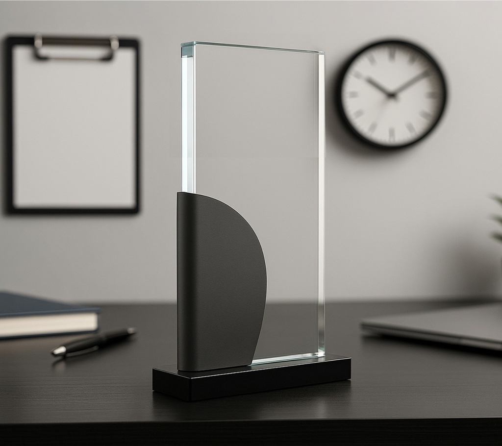 The Metaluxe trophy is a transparent vertical trophy with a sleek design, placed on a black base  Its elegant form makes it an ideal choice for awards and recognition events. It comes packaged in a gift box, perfect choice for awards, recognition, and moments that matter.