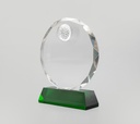 The Emerring trophy features a circular crystal frame with added crystal golf patterned ball on top center, resting on a vibrant green base. Perfect for highlighting exceptional achievements.