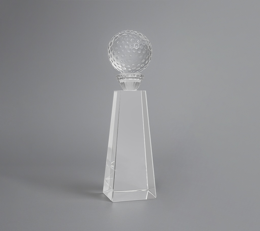 The Clearspire trophy features a faceted crystal base topped with a patterned crystal ball, creating a look. The base’s angular cuts enhance light reflection, giving it a sparkling presence. This elegant piece is ideal for celebrating golf achievements.