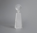 The Clearspire trophy features a faceted crystal base topped with a patterned crystal ball, creating a look. The base’s angular cuts enhance light reflection, giving it a sparkling presence. This elegant piece is ideal for celebrating golf achievements.