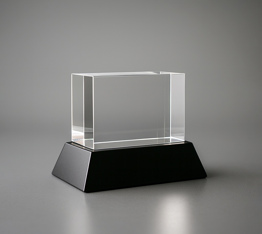 The EngraRect trophy features a clear rectangular crystal block on a glossy black base, offering a professional look. Ideal for versatile engraving options to suit any achievement.