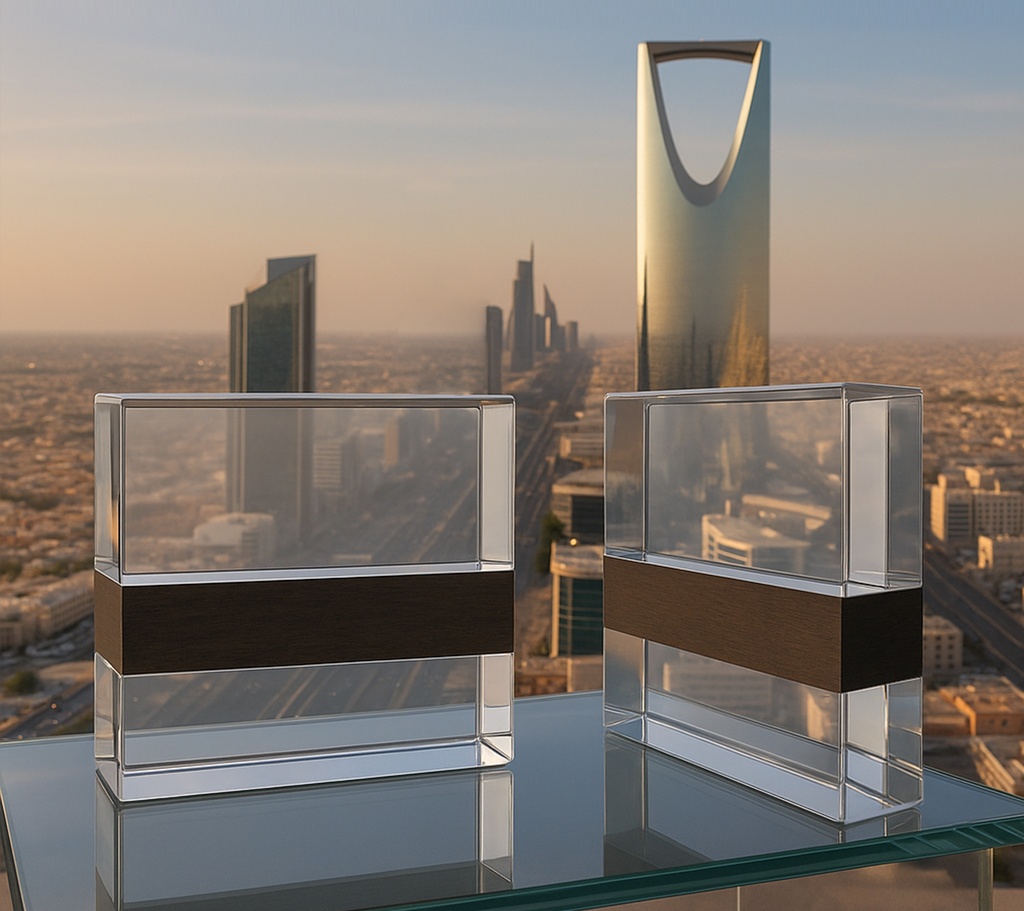 The Woodsie Transparent trophy features a clear crystal block with a horizontal wooden accent band, combining modern transparency with a natural touch. Ideal for sophisticated recognition.