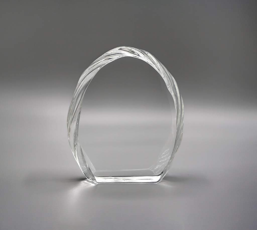 The Petaluxe crystal award features a curved shape, made from high-quality, lead-free K9 crystal. Its textured, frosted edges create a striking contrast with the clear central surface, enhancing its visual appeal. With customization options and multiple sizes, this award is perfect for achievements in style and elegance.