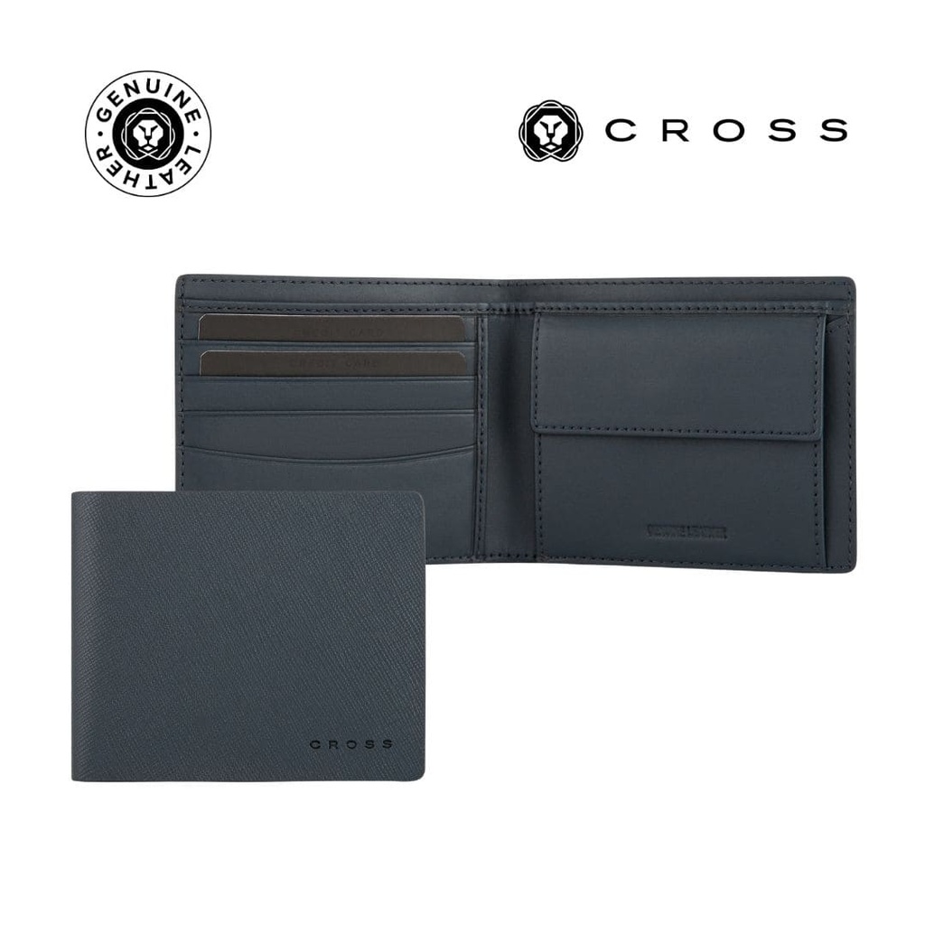 CROSS Saffiano Leather 4CC Bifold Wallet with Coin Pocket - Navy Blue