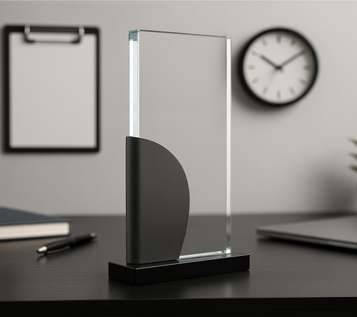 [SH2012] The Metaluxe trophy is a transparent vertical trophy with a sleek design, placed on a black base  Its elegant form makes it an ideal choice for awards and recognition events. It comes packaged in a gift box, perfect choice for awards, recognition, and moments that matter.