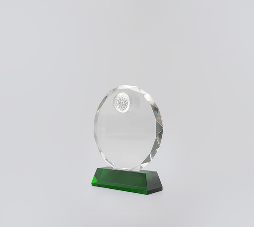 [SH1027] The Emerring trophy features a circular crystal frame with added crystal golf patterned ball on top center, resting on a vibrant green base. Perfect for highlighting exceptional achievements.