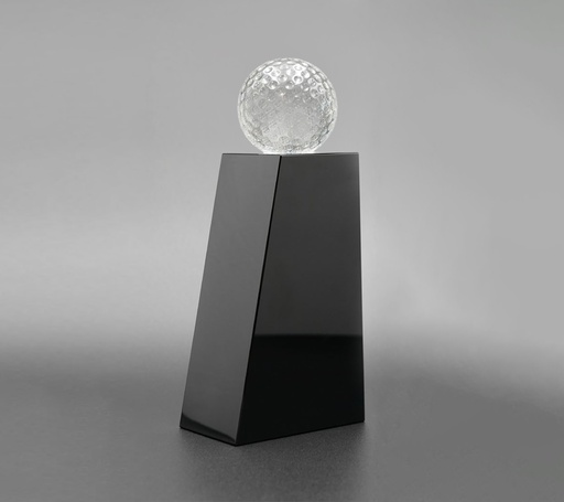 [SH3016] The Glaciera trophy features a glossy, angled black base topped with a patterned crystal ball. The contrast between the polished black surface and the textured ball creates a perfect look. perfect for honoring golf achievements or awards.