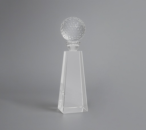 [SH1029] The Clearspire trophy features a faceted crystal base topped with a patterned crystal ball, creating a look. The base’s angular cuts enhance light reflection, giving it a sparkling presence. This elegant piece is ideal for celebrating golf achievements.