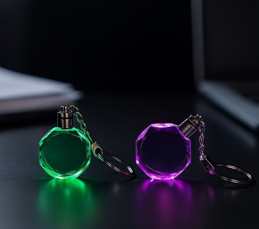[SH4220] KeySphere a uniquely shaped round crystal keychain with multicolor lighting effect. Perfect for engraving like logos or special messages transforming it into a glowing, unforgettable keepsake.
