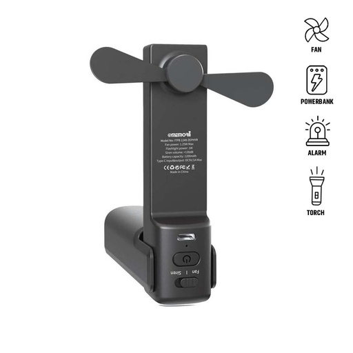 [ITPB 1249] ZEPHYR - @memorii 4-in-1 Fan Powerbank, Safety Alarm & Torch - Black